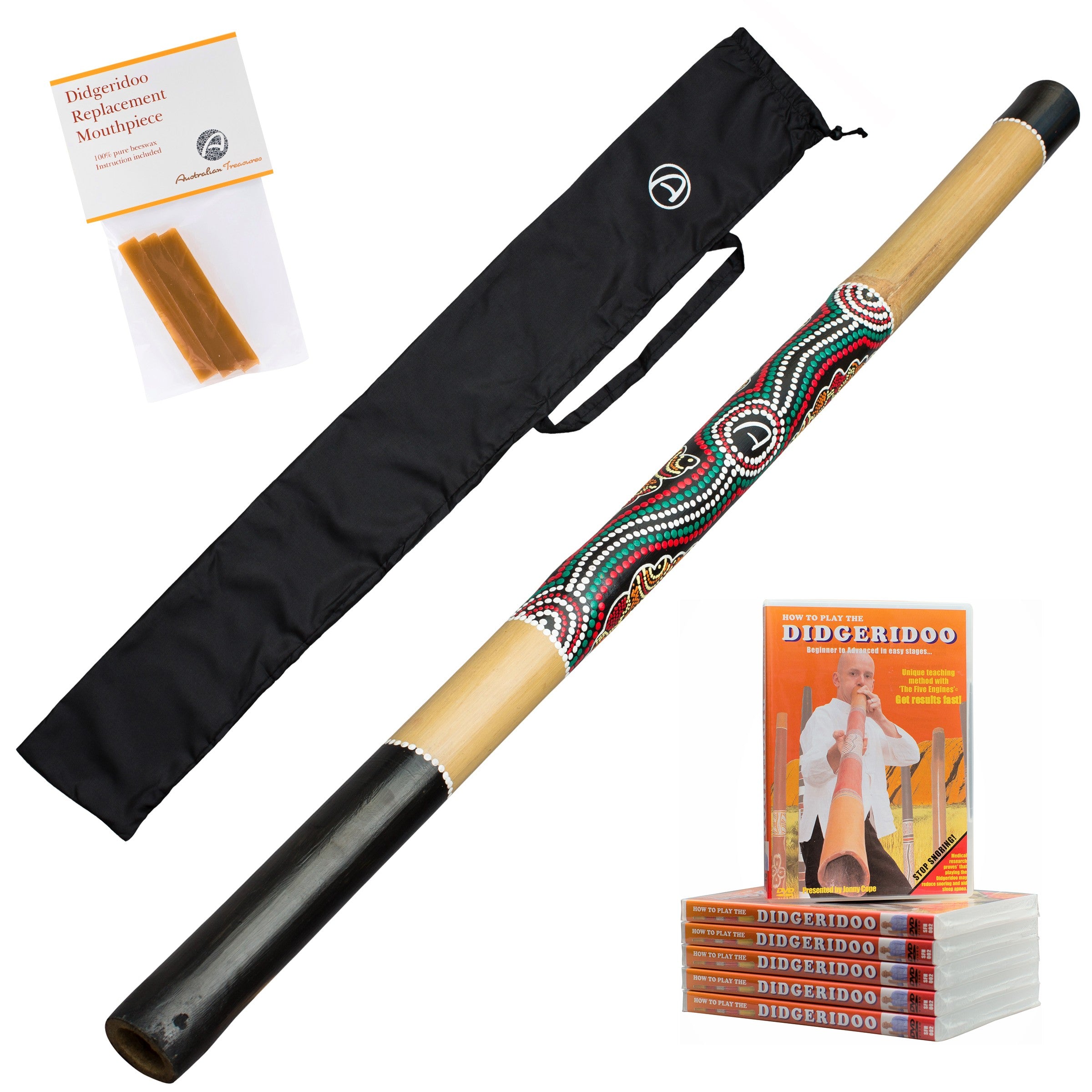 starterspakket didgeridoo – bamboe didgeridoo inclusief draagtas, dvd en bijenwas