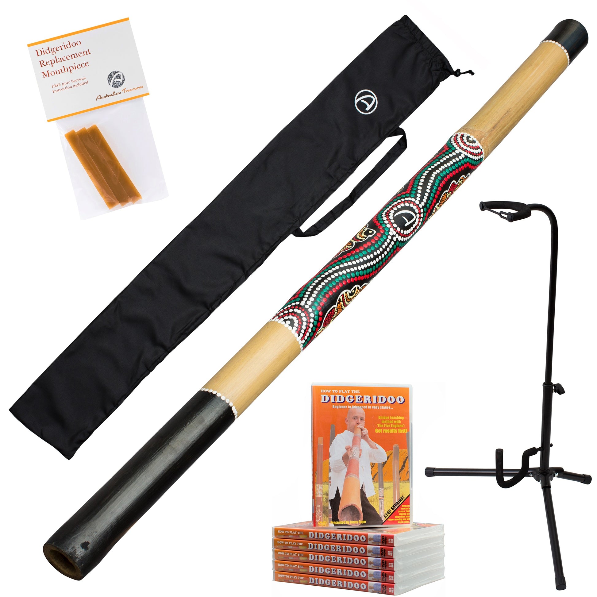starterspakket bamboe didgeridoo inclusief dvd - bijenwas - nylon didgeridootas - didgeridoostandaard