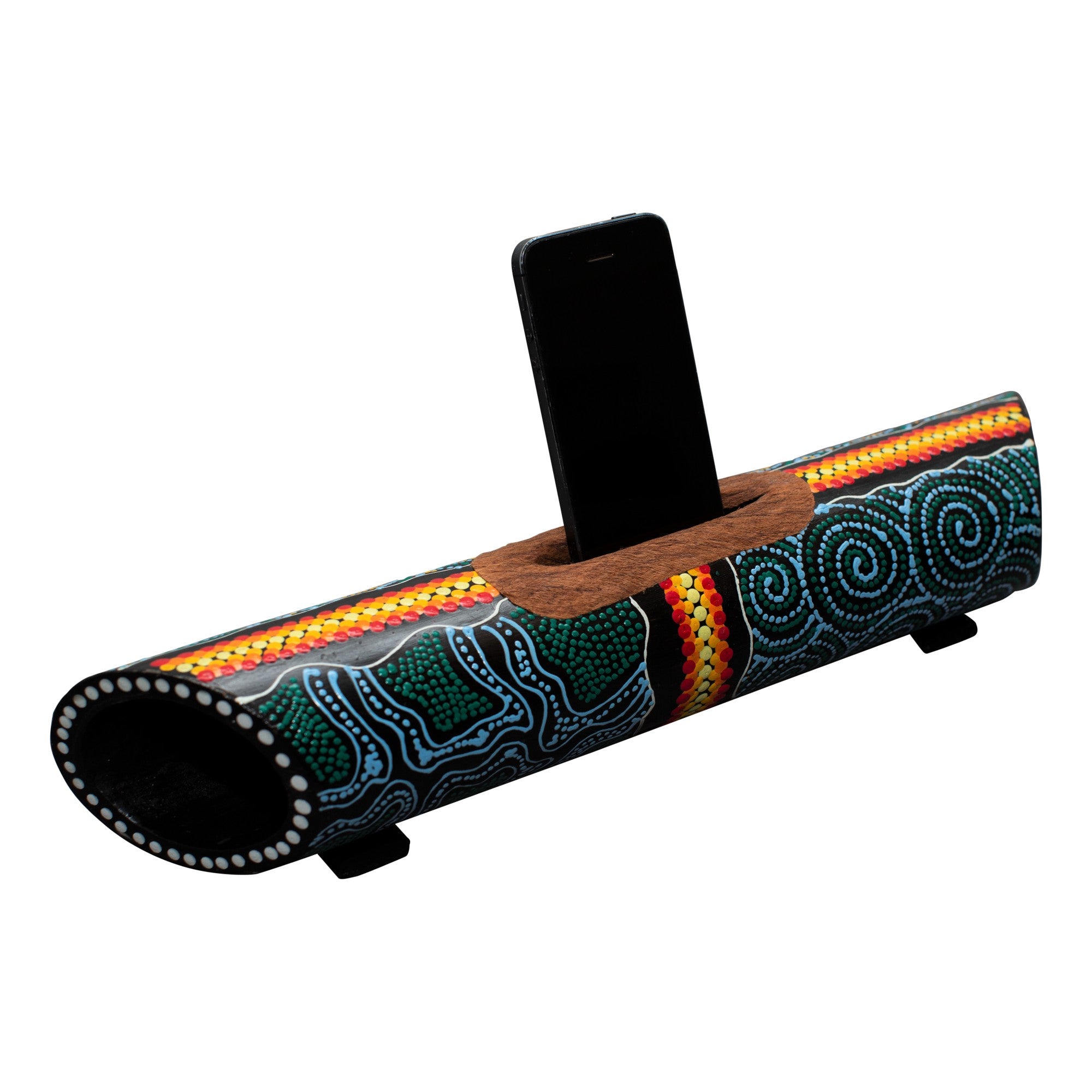 bamboe luidspreker & smartphonehouder – handbeschilderd in aboriginal-stijl