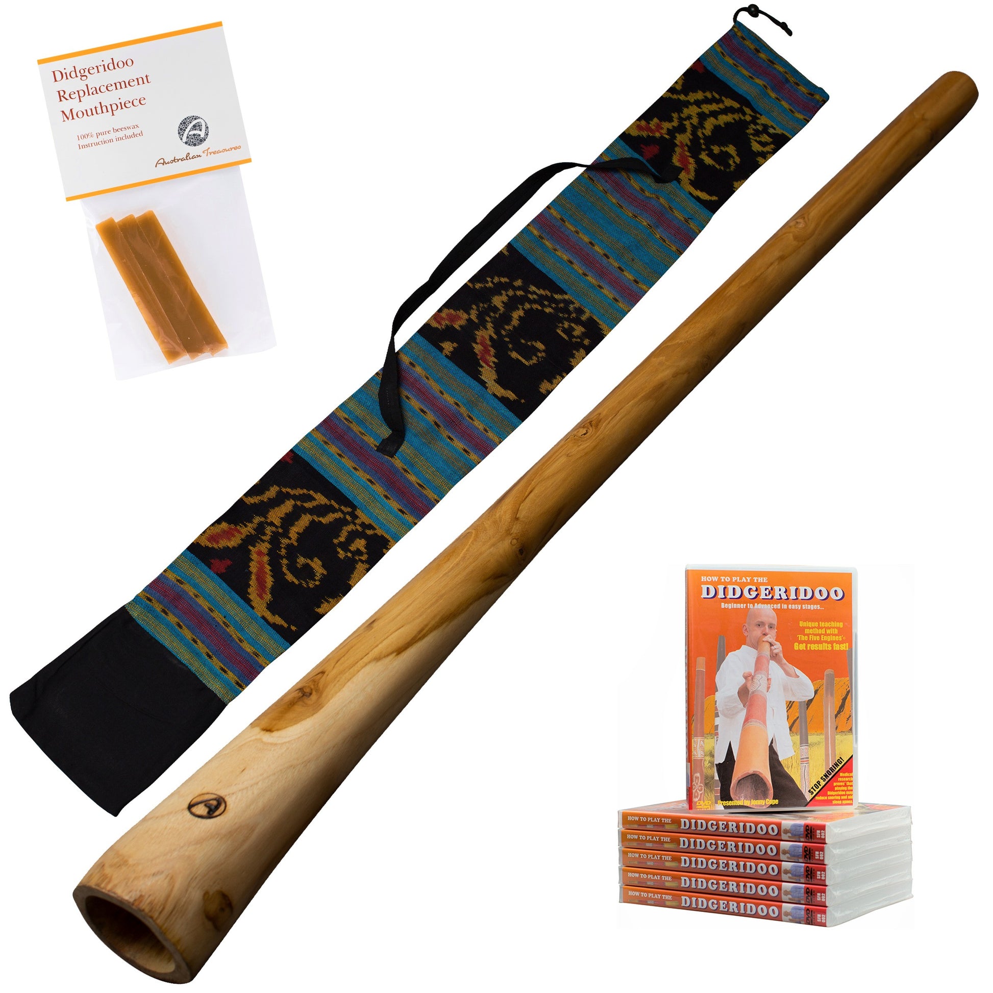 didgeridoo hout -130cm - inclusief ikat bag - bijenwas - lesvideo 'hoe bespeel ik de didgeridoo?'