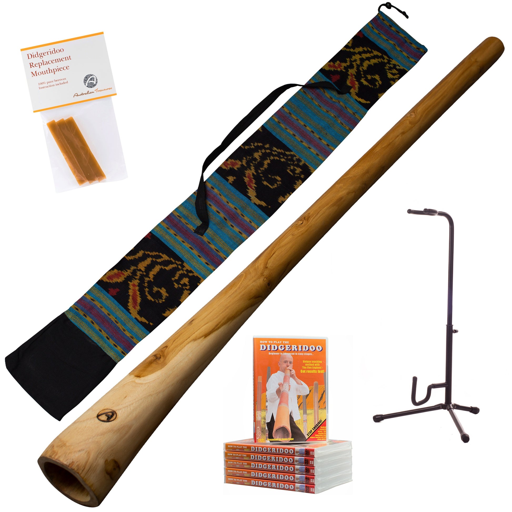 didgeridoo-pakket:  didgeridoo 130cm inclusief didgeridootas - bijenwas - lesvideo - didgeridoostandaard