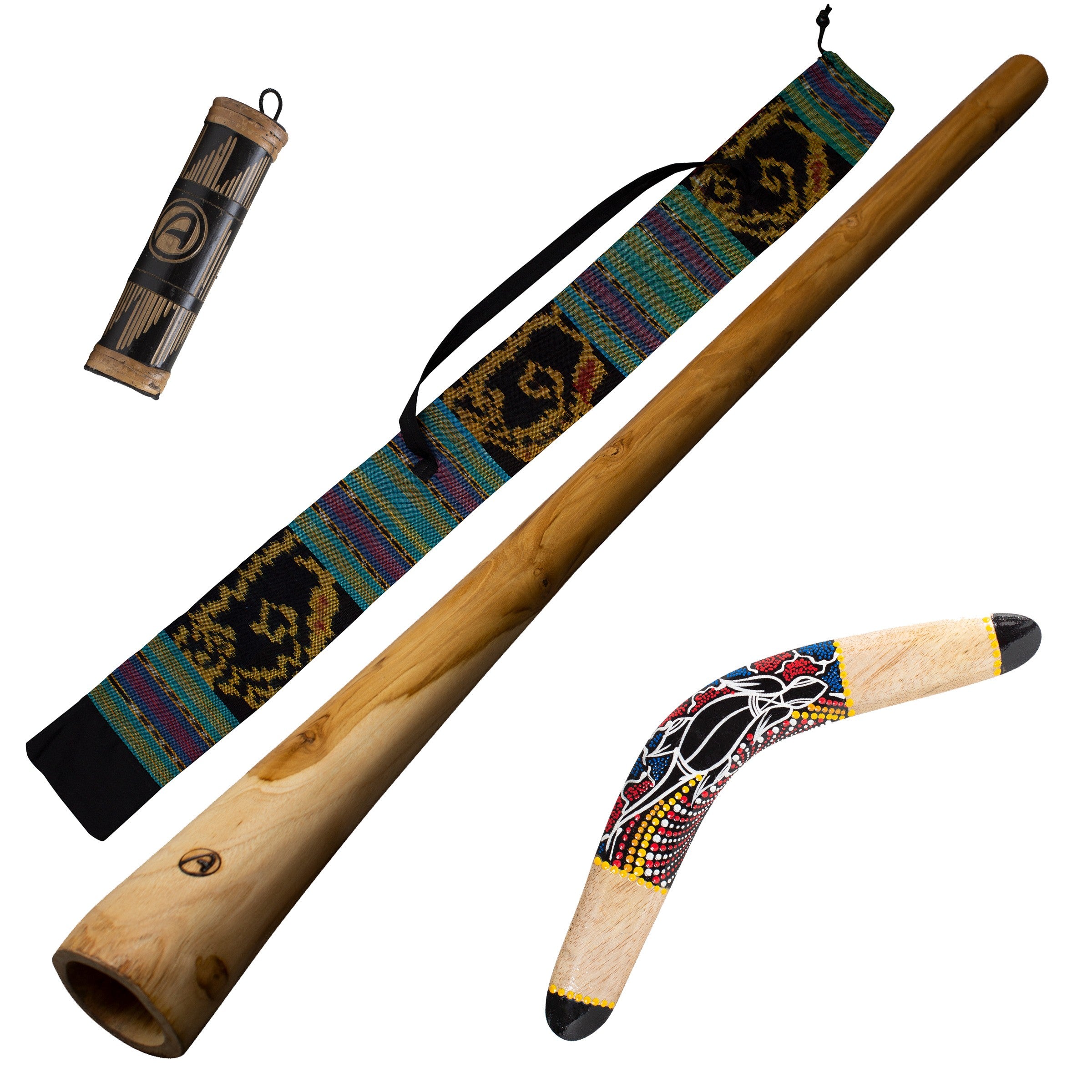 dreamtime'' pakket: houten didgeridoo 130cm - tas- boemerang 40cm - rainstick/ shaker 20cm