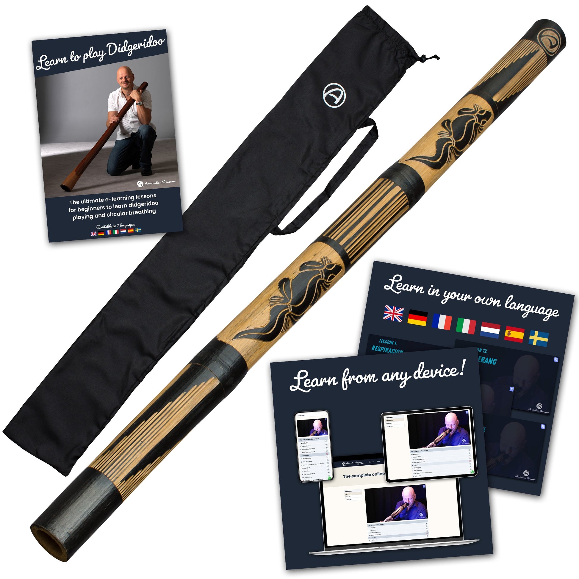 bamboe didgeridoo 120cm – met draagtas & onlinecursus circulaire ademhaling