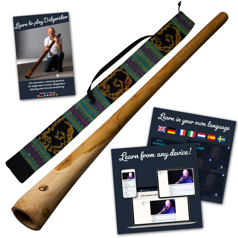 houten didgeridoo 130cm inclusief onlinecursus didgeridoo & circulaire ademhaling - didgeridootas