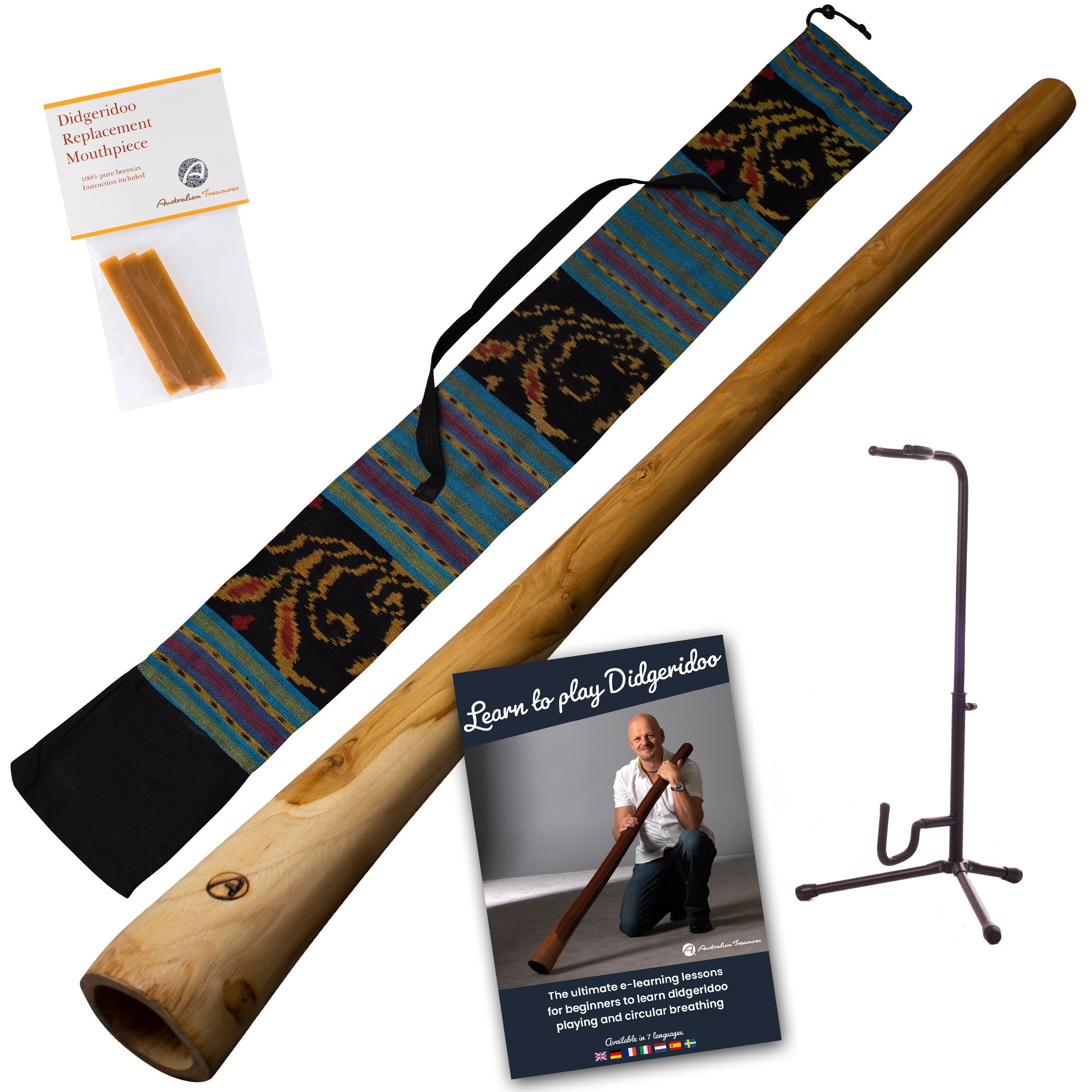 starterspakket houten didgeridoo 130cm inclusief onlinecursus - bijenwas - ikat didgeridootas - didgeridoostandaard