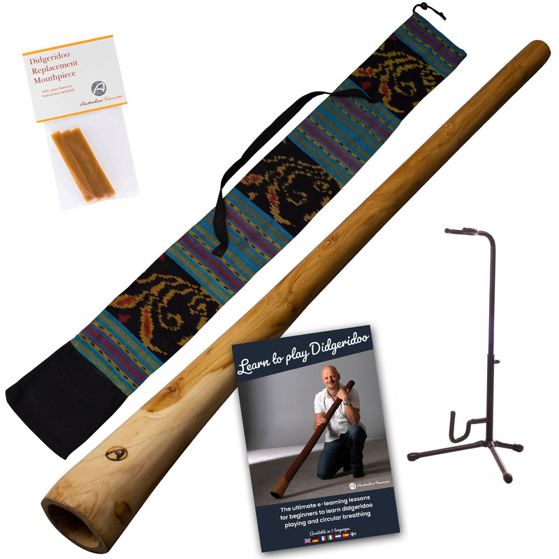 starterspakket houten didgeridoo 130cm inclusief onlinecursus - bijenwas - ikat didgeridootas - didgeridoostandaard