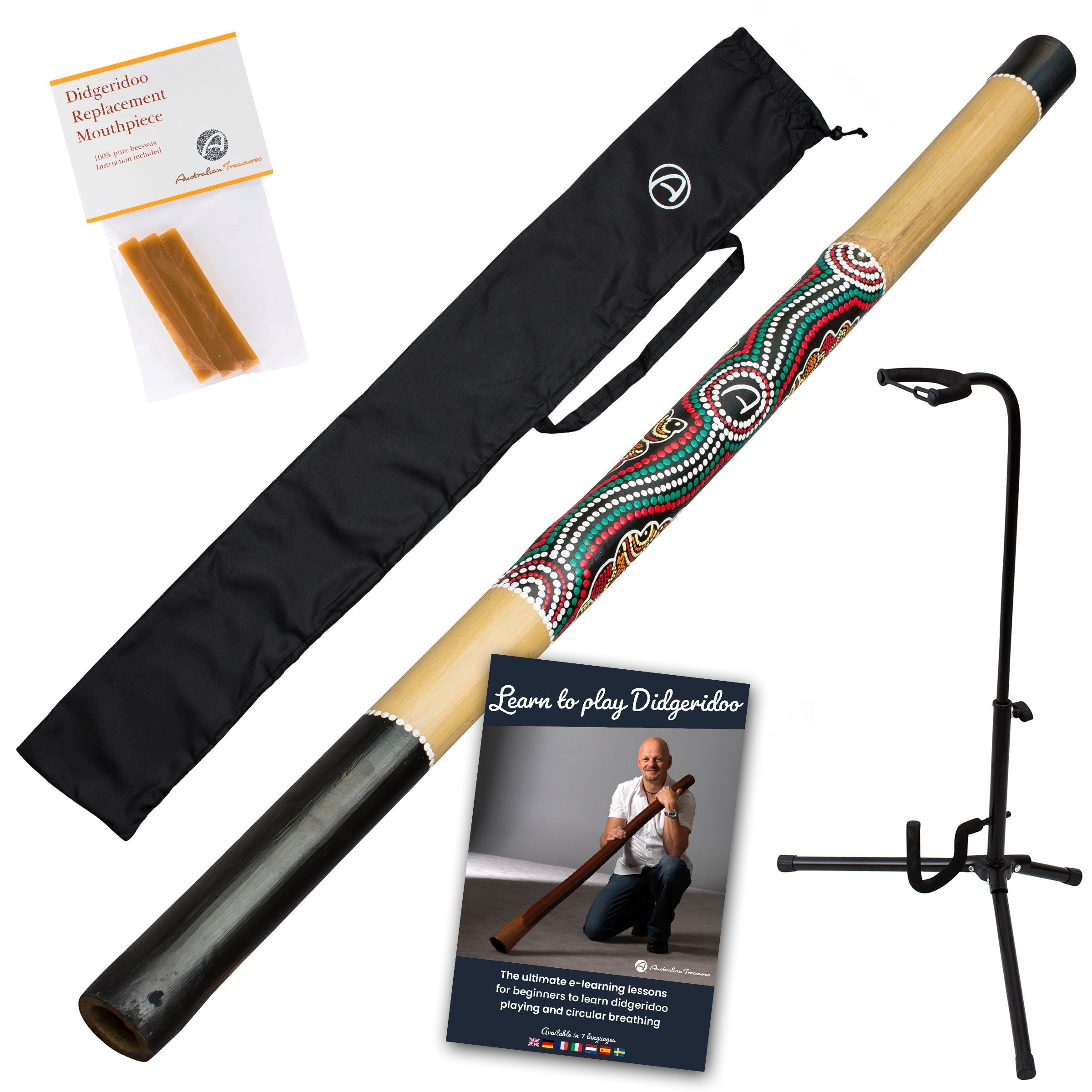 bamboe didgeridoo beschilderd inclusief bag - onlinelessen – didgeridoo bijenwas - didgeridoostandaard