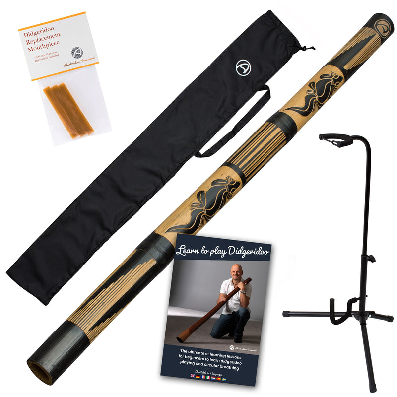bamboe didgeridoo carved inclusief bag - onlinelessen – didgeridoo bijenwas - didgeridoostandaard