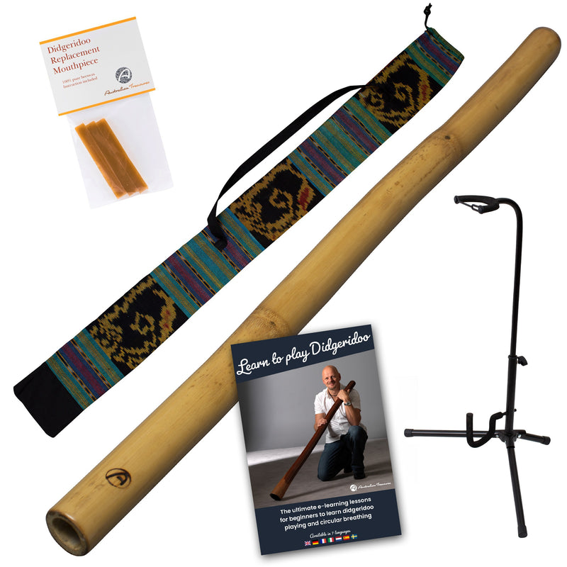bamboe didgeridoo pro inclusief ikat bag - onlinelessen – didgeridoo bijenwas - didgeridoostandaard