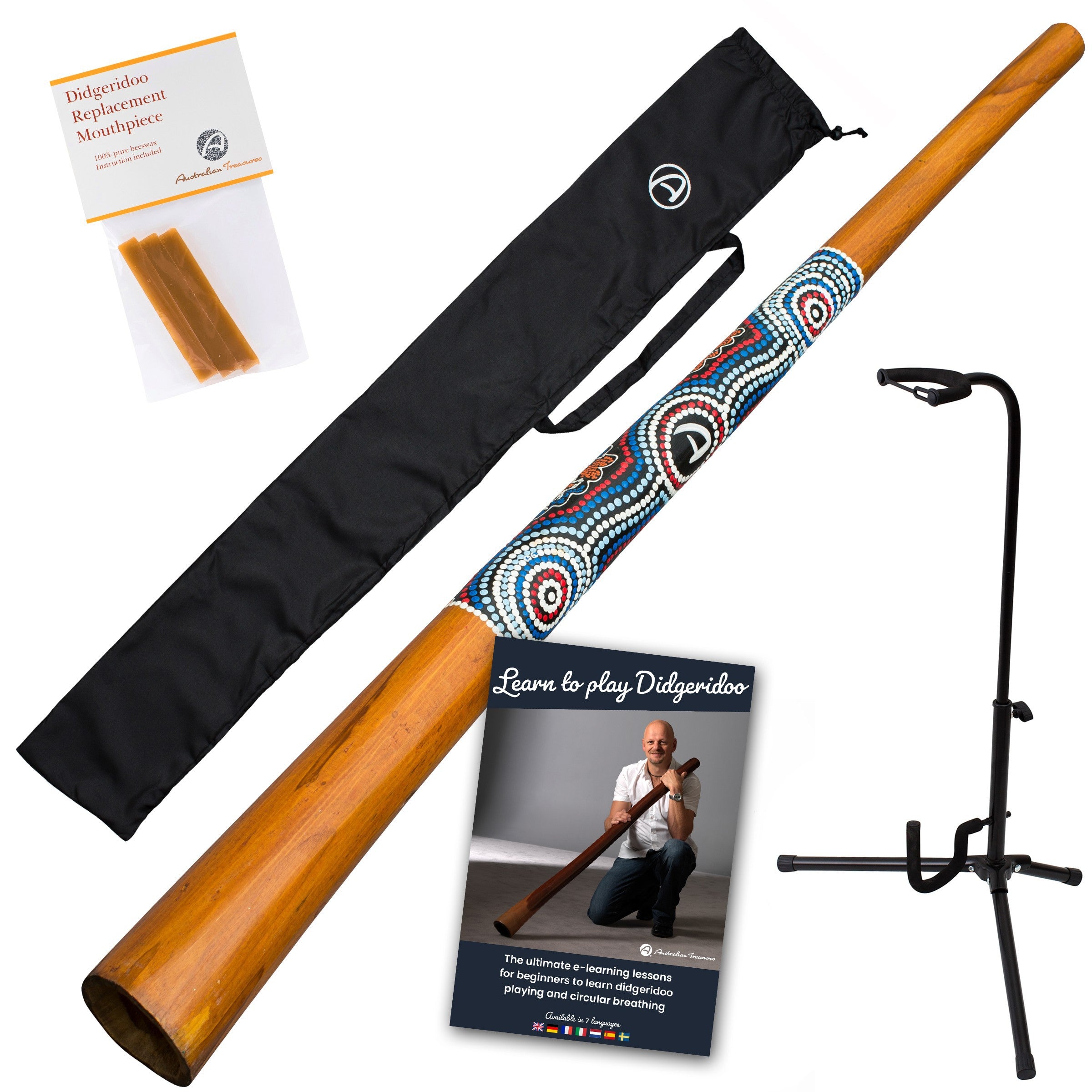 starterspakket houten didgeridoo inclusief onlinecursus - bijenwas - didgeridootas - didgeridoostandaard