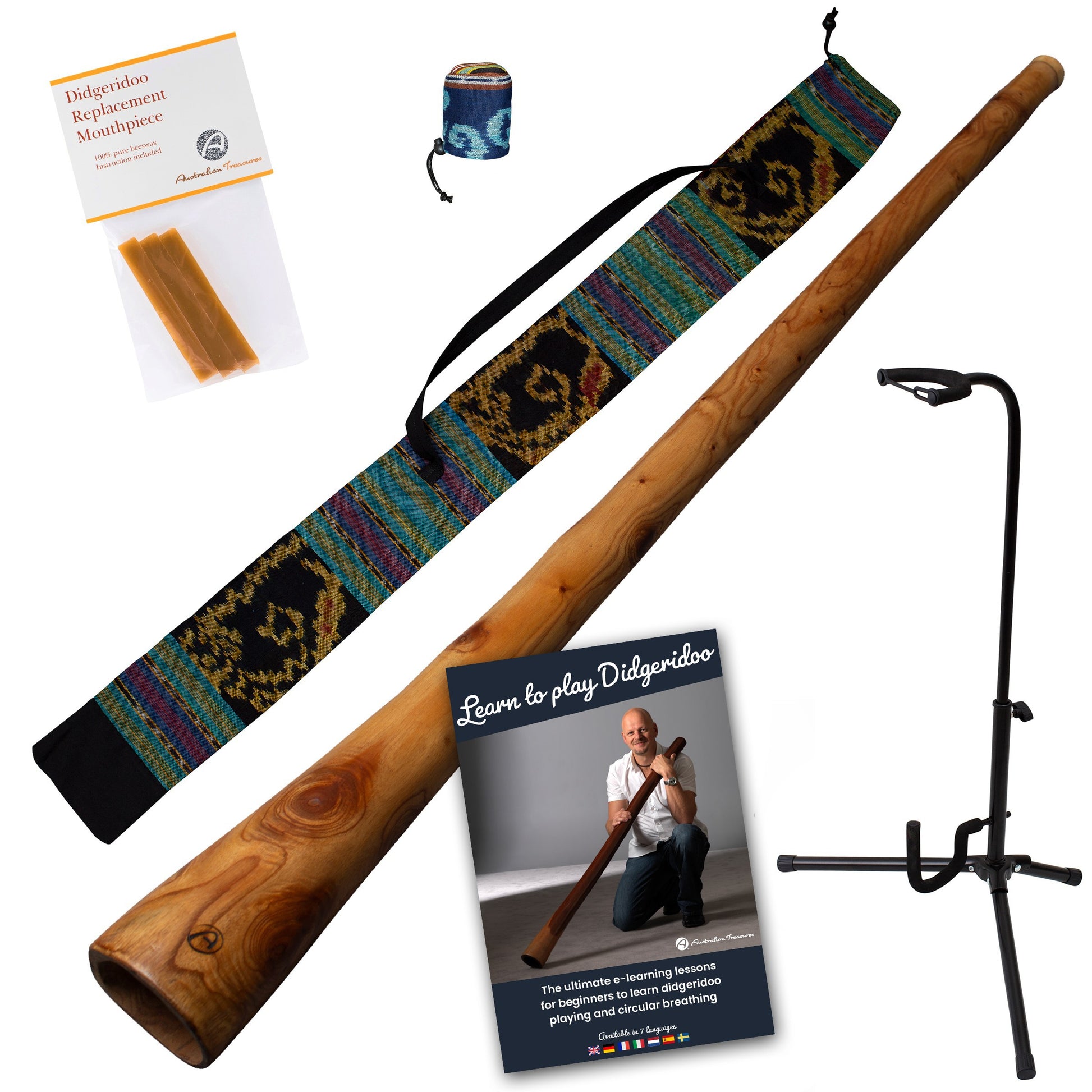 didgeridoo mahonie pro-series 147cm inclusief ikat bag, online cursus, bijenwas, beschermcover mondstuk, didgeridoostand