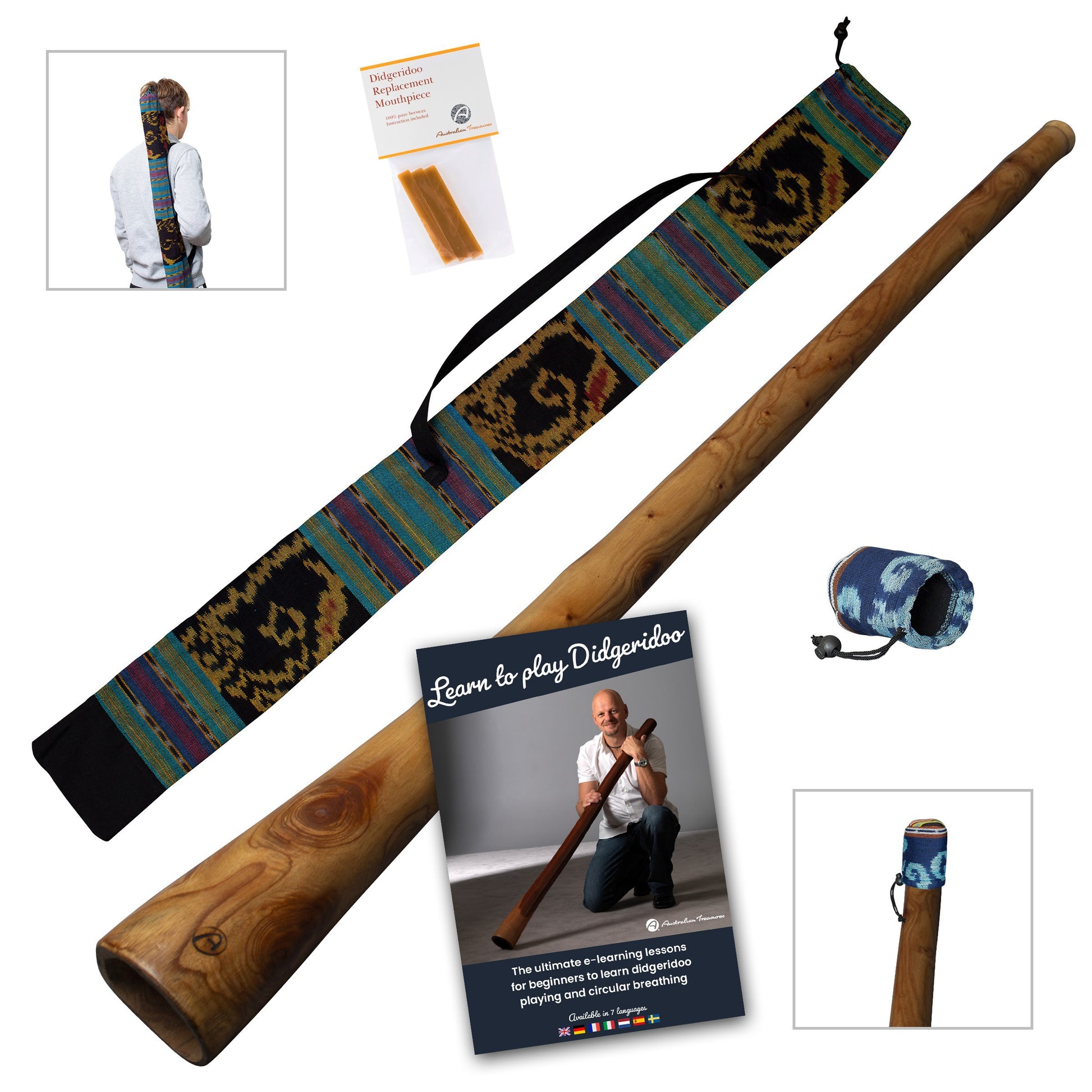 didgeridoo mahonie pro-series 147cm inclusief ikat bag, online cursus, bijenwas, beschermcover mondstuk