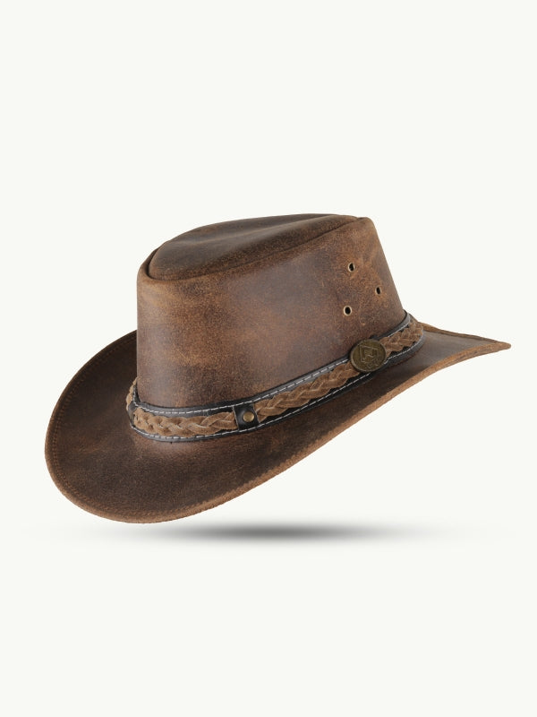 Cappello Da Cowboy In Pelle Scippis Williams - Look Invecchiato, Fascia In Pelle Intrecciata, Made In Australia