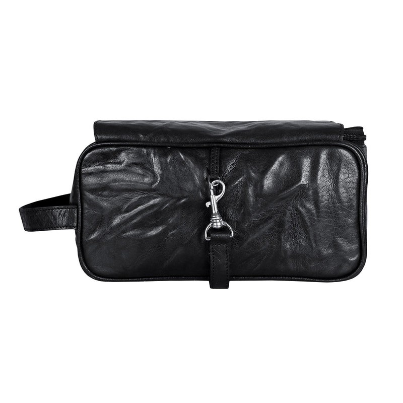 Geopende toilettas met overzicht van vakindeling en bevestiging