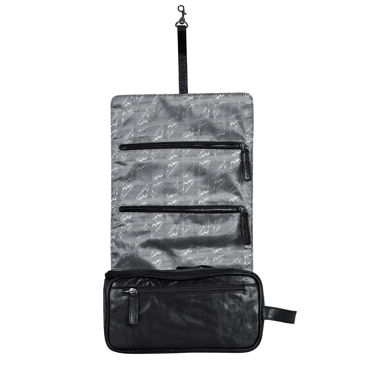 Geopende toilettas met overzicht van vakindeling en bevestiging