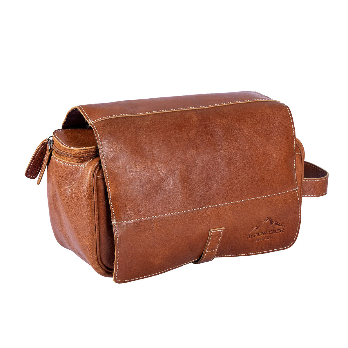 Binnenzijde van de leren toilettas met ritsvakken en ophanghaak