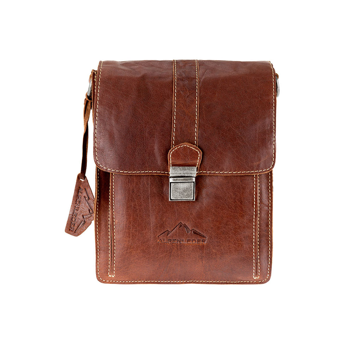 Binnenzijde van de leren tas met ritsvakken en voering