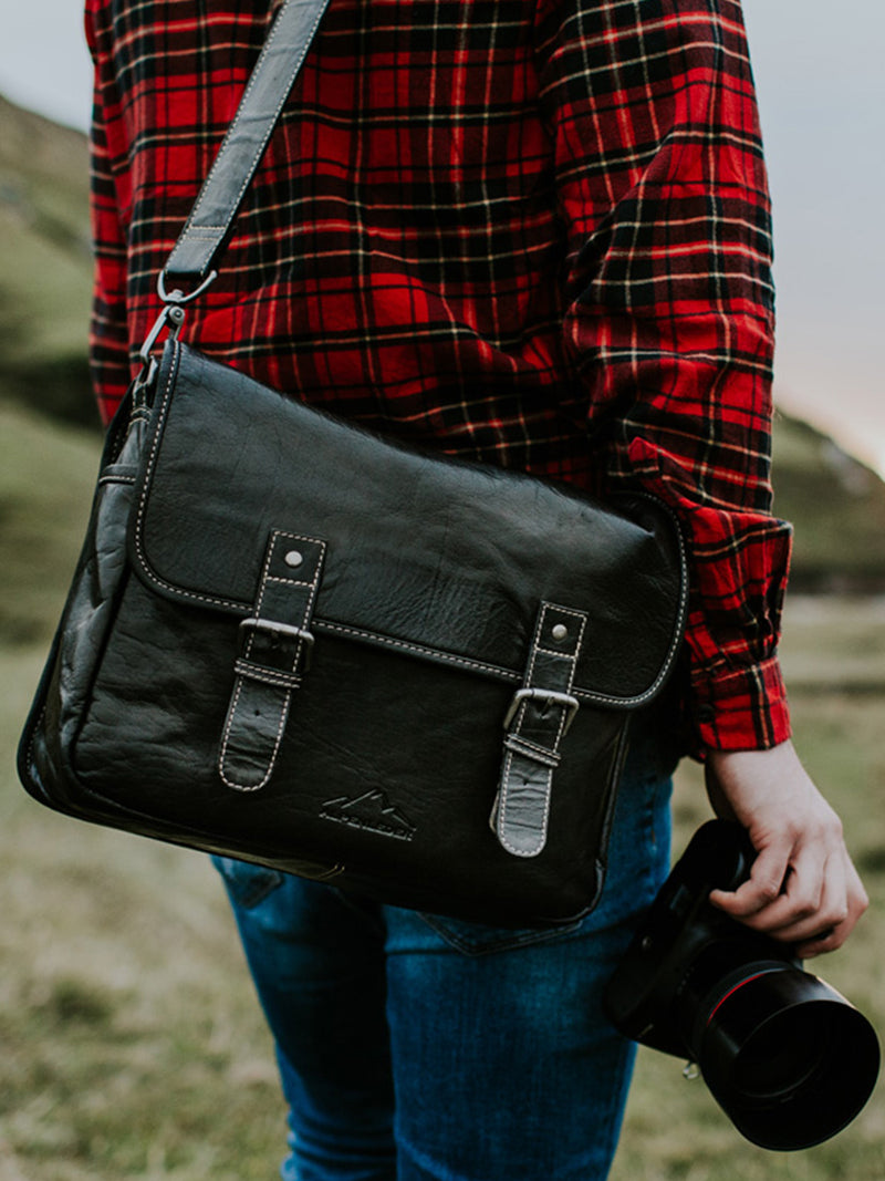 alpenleder reporter cameratas – leren fototas met verstelbare binnenvakken