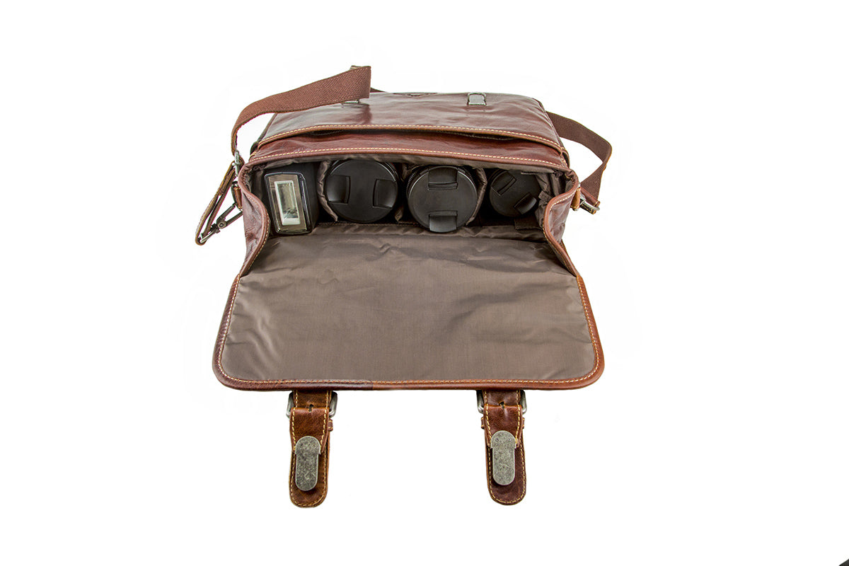 alpenleder reporter cameratas – leren fototas met verstelbare binnenvakken