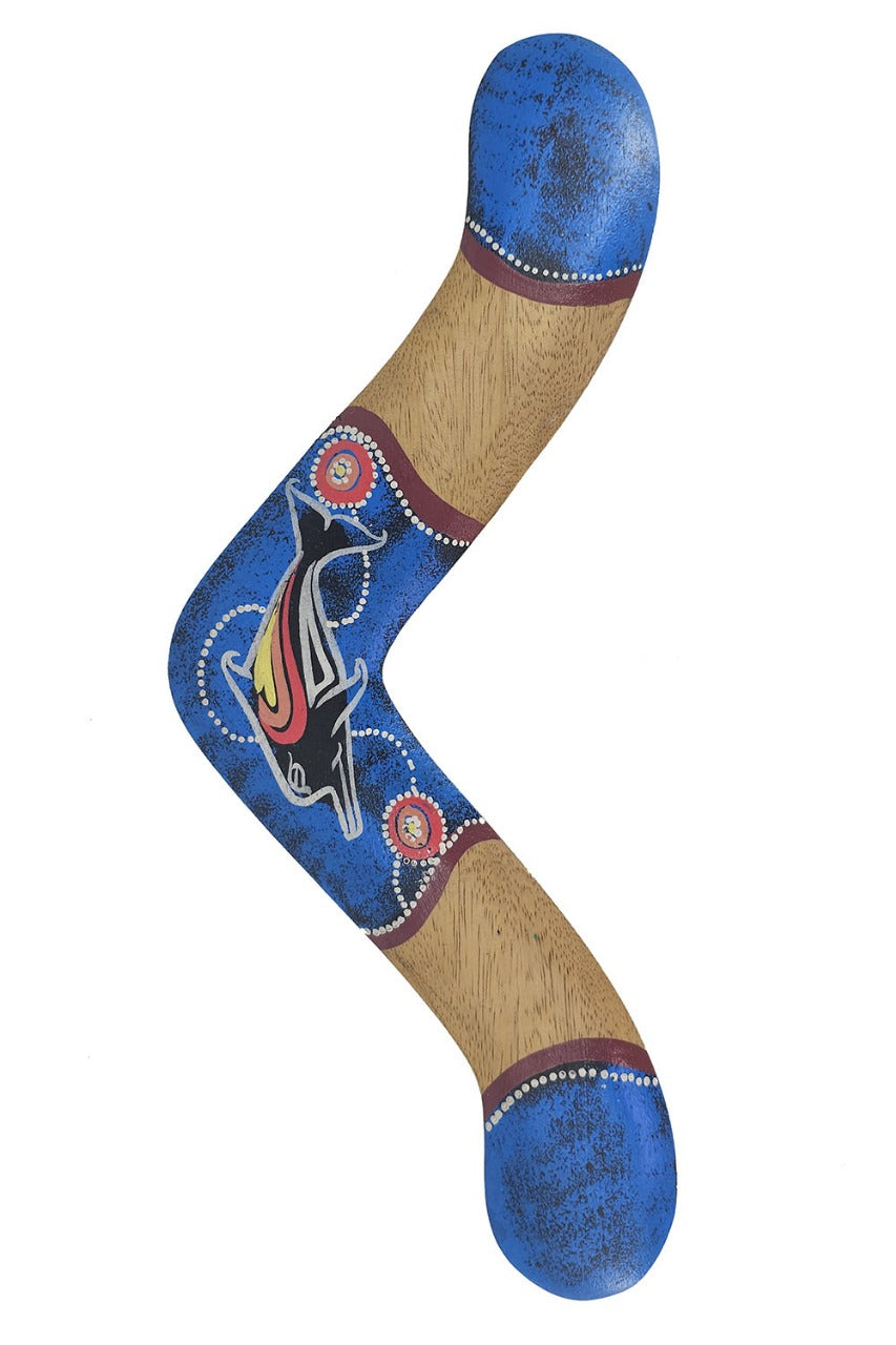Boemerang Wide Tip Blauw – Houten Werpboemerang met Aboriginal beschildering (40 cm)