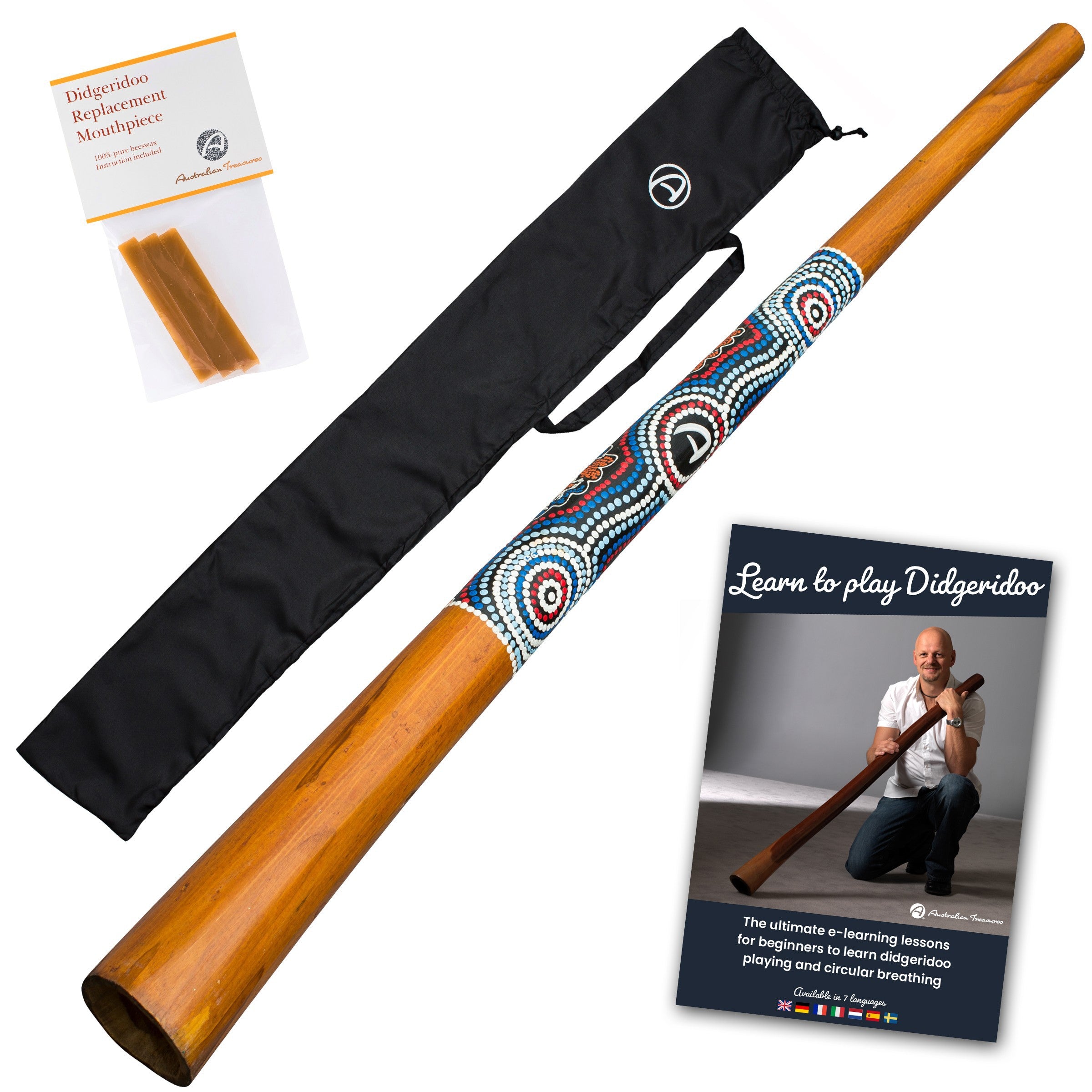 starterspakket houten didgeridoo inclusief onlinecursus - bijenwas - didgeridootas
