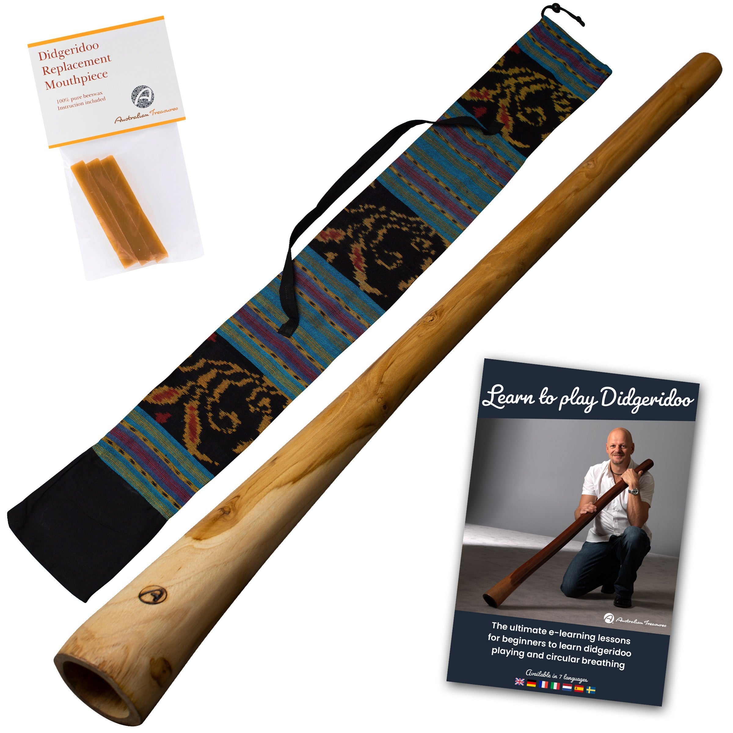 starterspakket houten didgeridoo 130cm inclusief onlinecursus - bijenwas - ikat didgeridootas