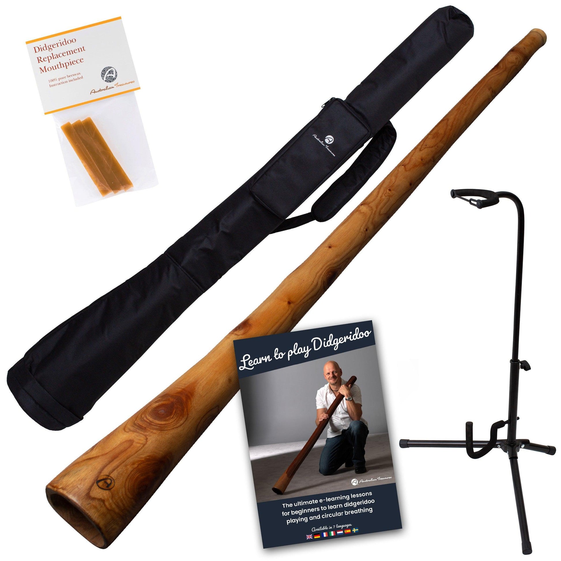 mahonie didgeridoo 147cm – compleet met tas, standaard & onlinecursus