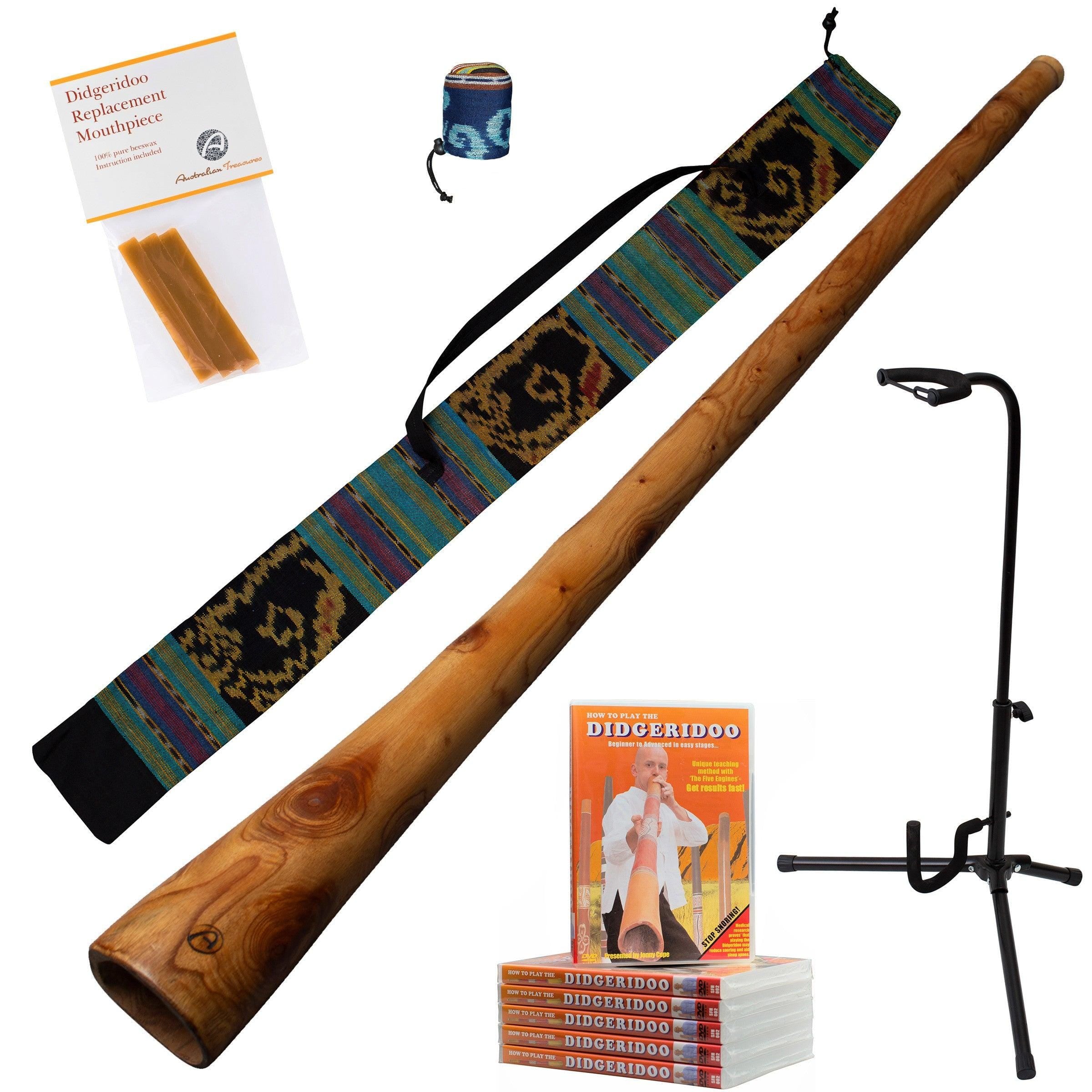 didgeridoo mahonie pro-series 147cm inclusief ikat bag, dvd, bijenwas, beschermcover mondstuk, didgeridoostandaard