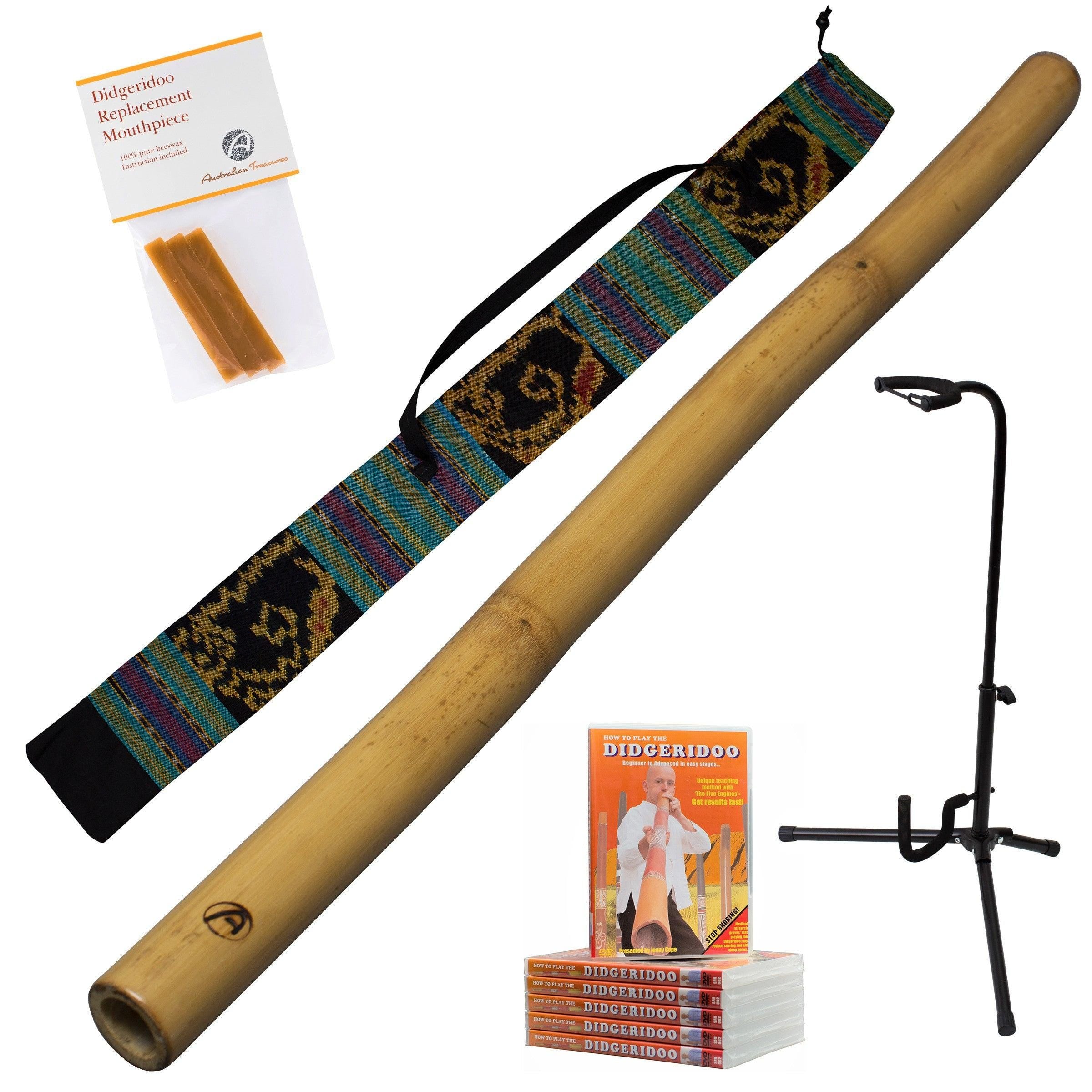 didgeridoopakket 5-delig: didgeridoo 120cm inclusief bag - instructie dvd - bijenwas - didgeridoostandaard