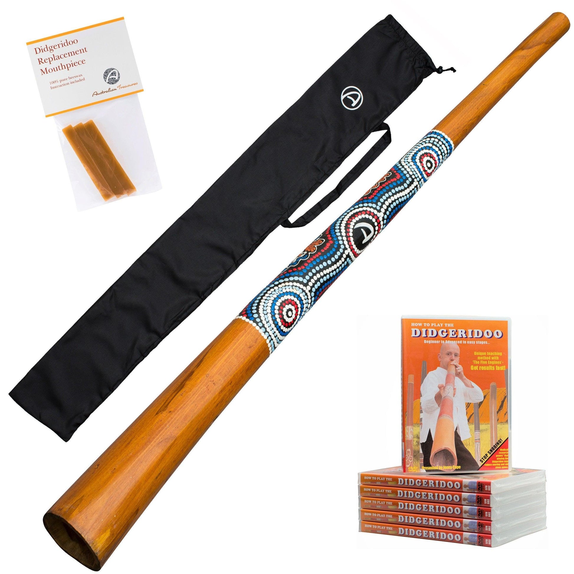 didgeridoo hout 130cm - didgeridoo voor beginners - starterset - inclusief dvd/ bag/ bijenwas