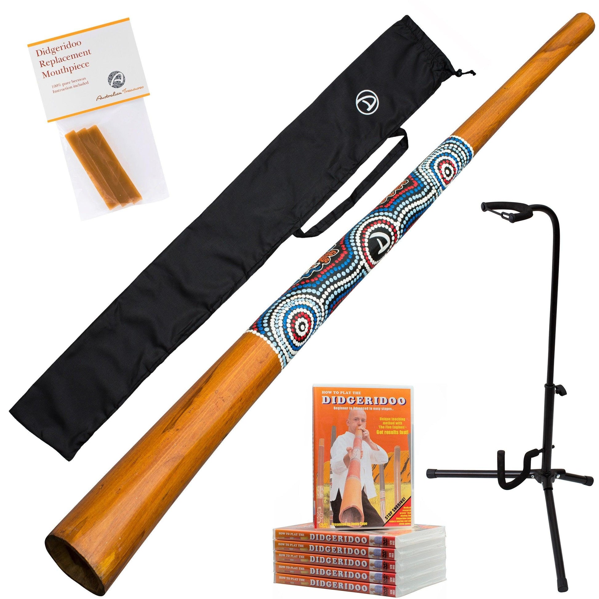 didgeridoo starter-pakket 5 delig: didgeridoo - didgeridoobag - instructiedvd - bijenwas - didgeridoostandaard.