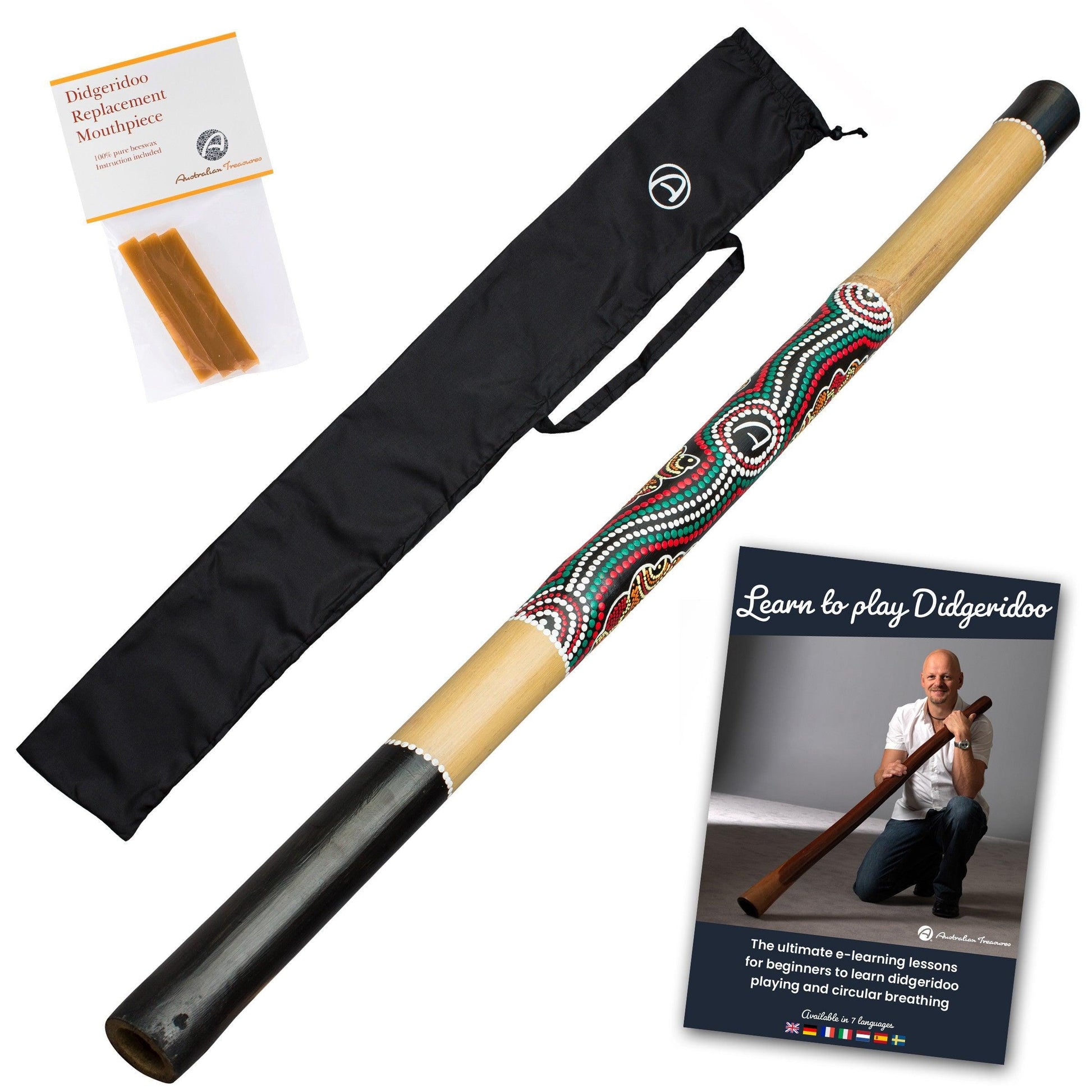 starterspakket didgeridoo 120cm – handbeschilderd incusief online cursus, tas en bijenwas