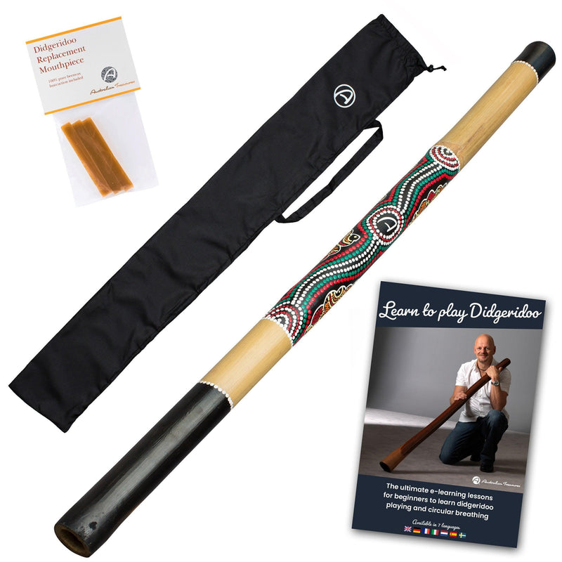starterspakket didgeridoo 120cm – handbeschilderd incusief online cursus, tas en bijenwas