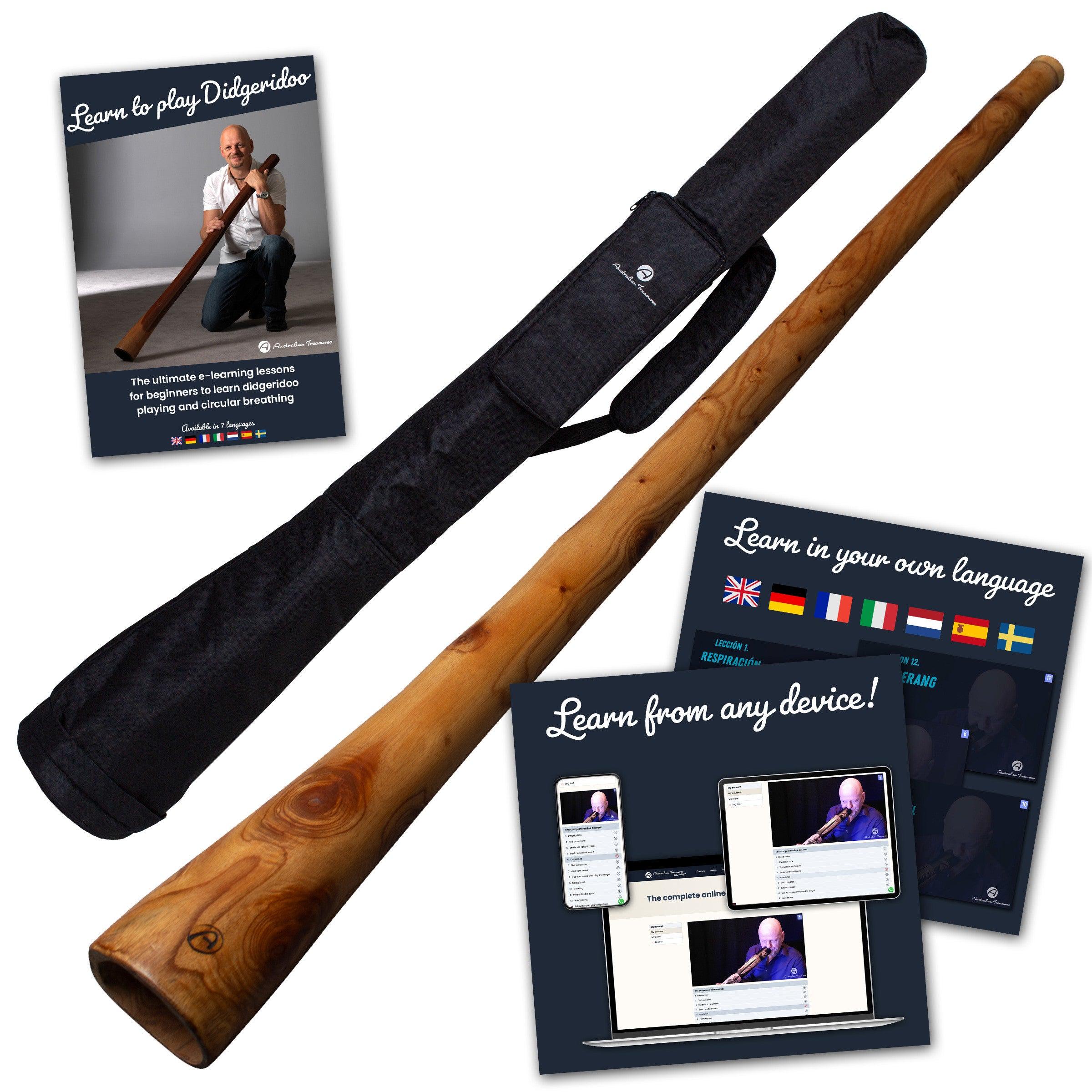 mahonie didgeridoo 150cm – inclusief onlinecursus & tas | voor beginners & gevorderden