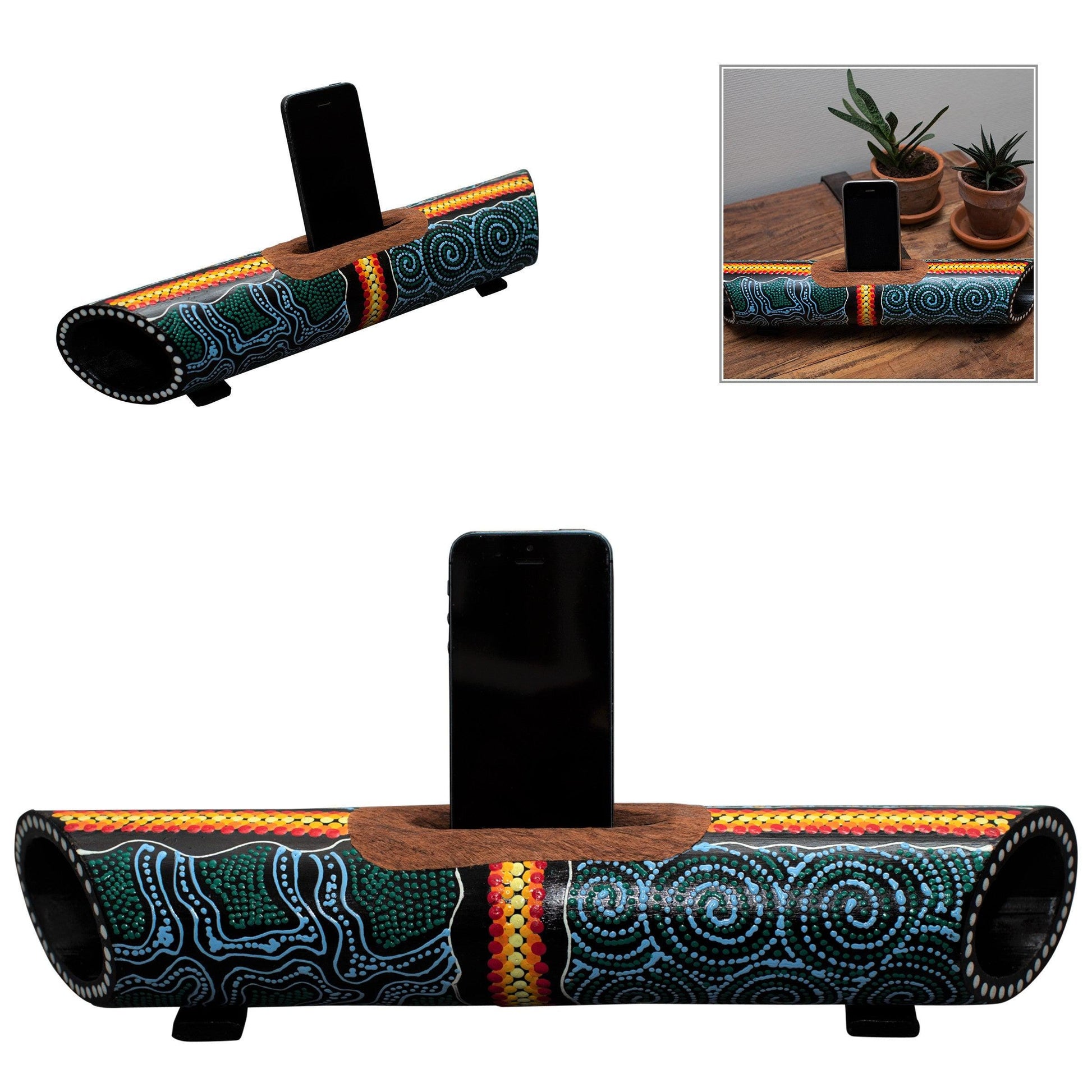 bamboe luidspreker & smartphonehouder – handbeschilderd in aboriginal-stijl